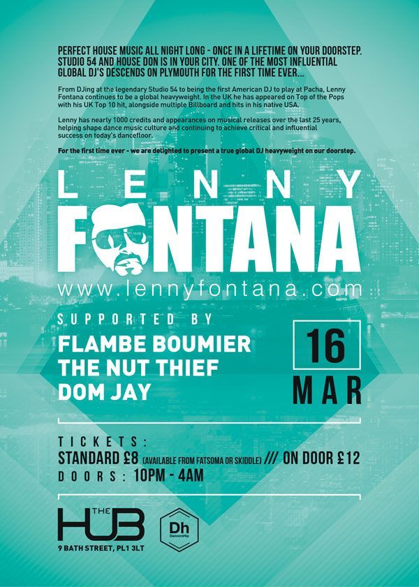 Teal concert poster for Lenny Fontana, with lineup, date, time, and venue details.