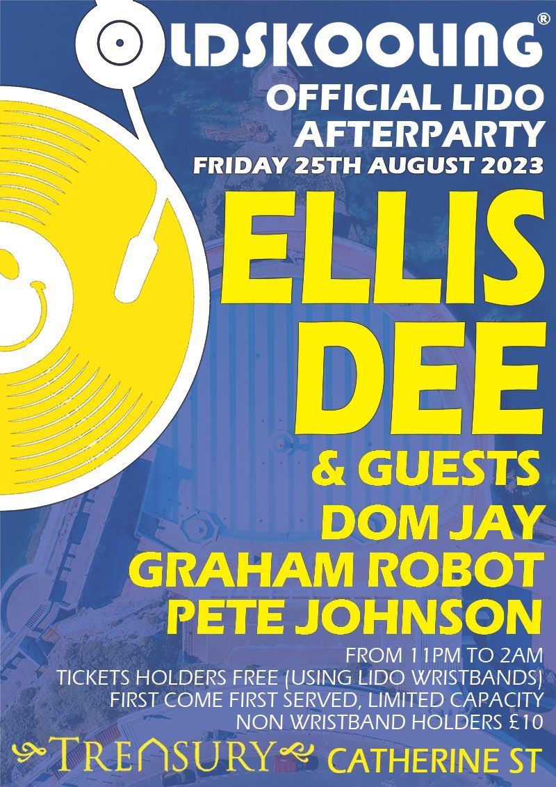 Old Skoolin’ official afterparty poster with Ellis Dee, Dom Jay, Graham Robson and Pete Johnson on blue and yellow background