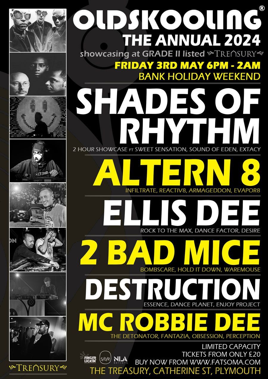 Oldskoolung Annual 2024 concert poster with lineup: Shades of Rhythm, Altern 8, Ellis Dee, 2 Bad Mice, Destruction, MC Robbie Dee