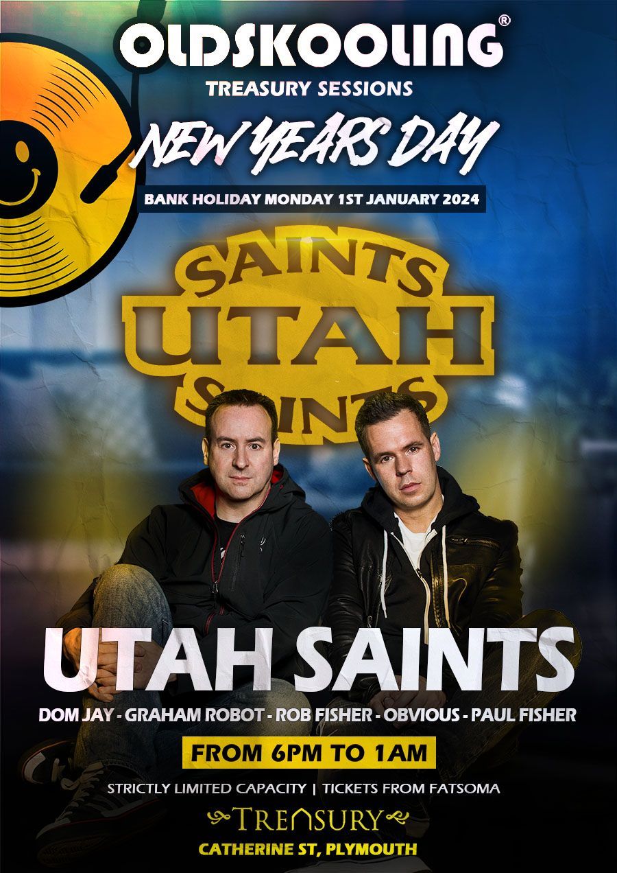 Concert poster for Utah Saints, “New Year’s Day,” with two band members against a blue-and-gold background