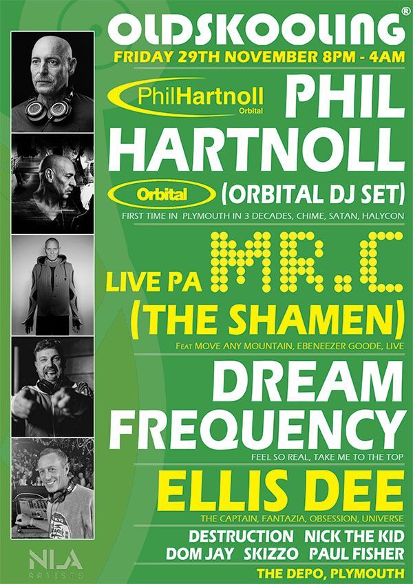Bright green Oldskoolimg event poster with Phil Hartnoll, Live PA The Shamen, Dream Frequency, and Ellis Dee