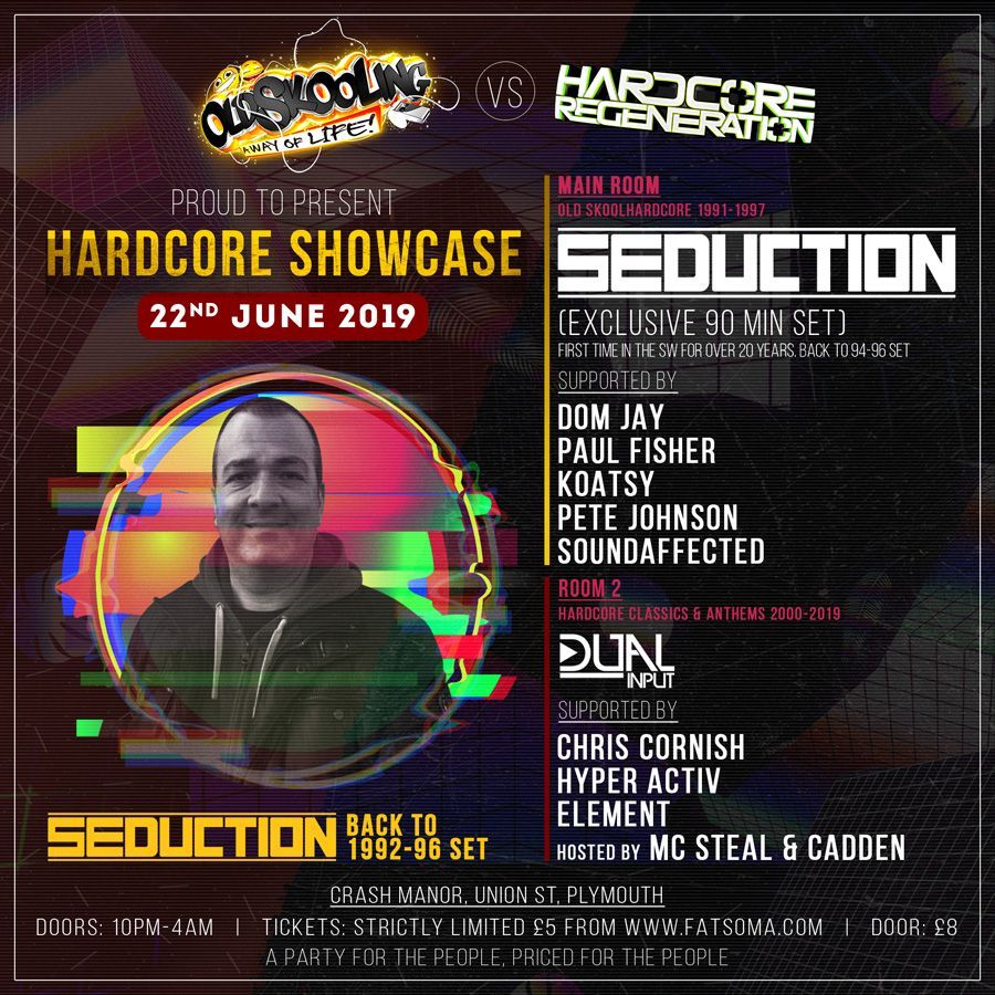 Hardcore Showcase concert poster with Seouction, colorful glitch portrait, and event details on dark background