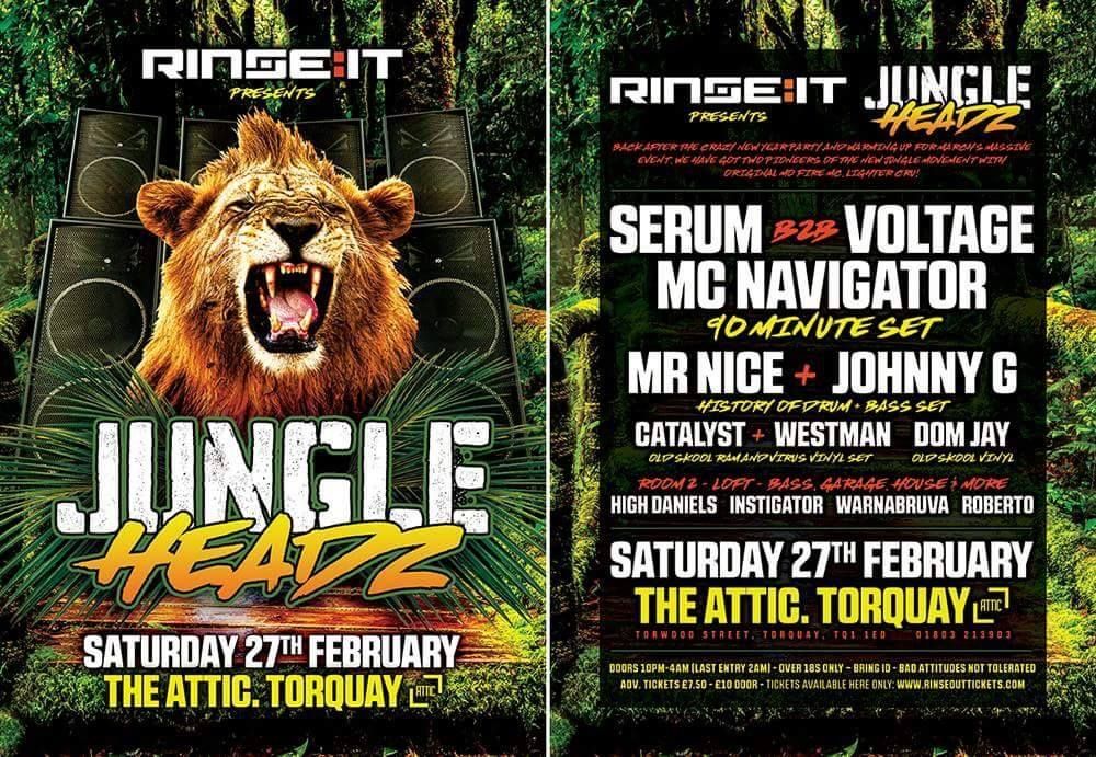 Jungle-themed concert poster with roaring lion and lineup details for Saturday 27th February at The Attic, Torquay
