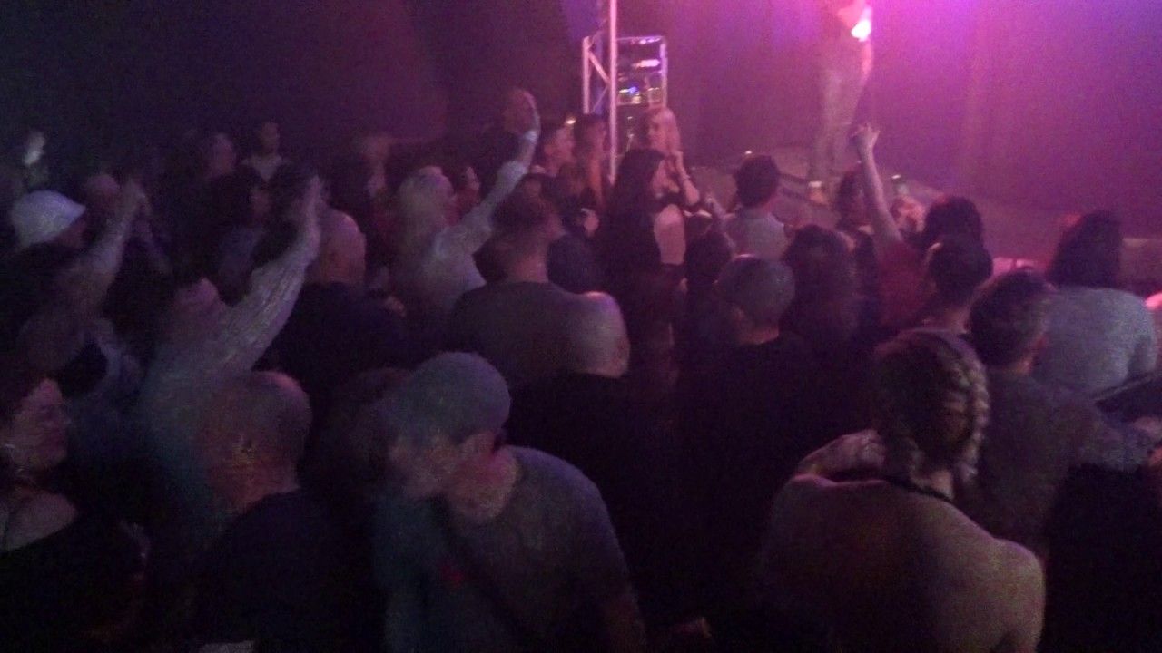 Crowded concert crowd under pink-purple stage lights, people facing a stage with raised hands