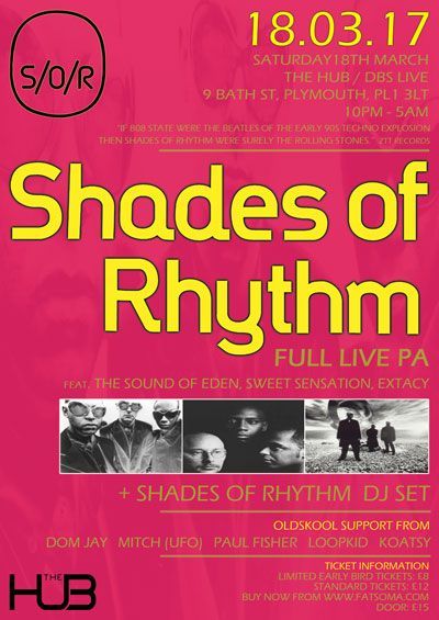 Bright pink event poster for “Shades of Rhythm” with large yellow text and date 18.03.17