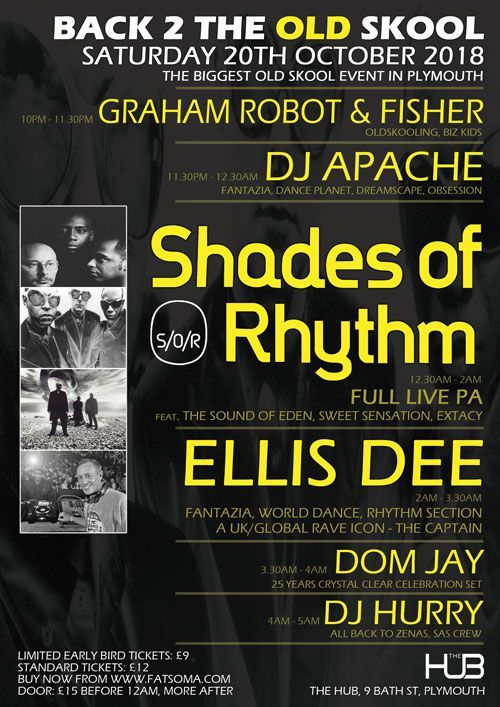 Poster for “Shades of Rhythm” club night at Back 2 the Old Skool, featuring DJs and event details on a dark background.