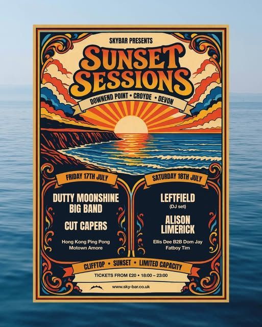 Sunset Sessions music festival poster with ocean sunset artwork and event lineup details