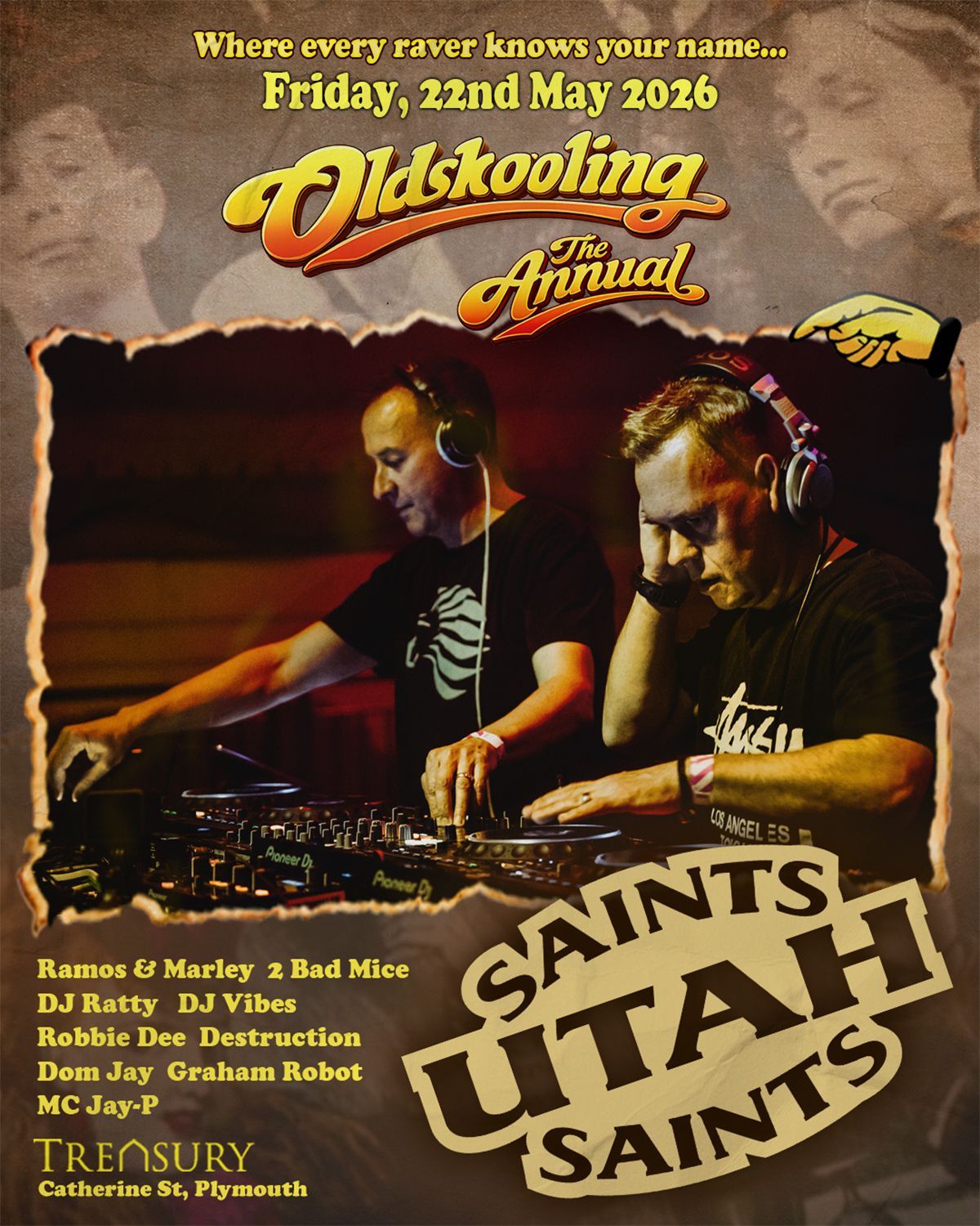 Oldskool Annual DJ flyer with Saints and Utah Saints performing at a club event