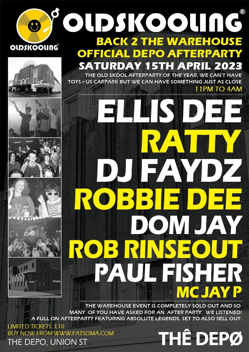 Oldskoolin’ dance flyer with lineup, black background, bold yellow and white text, Saturday 15th April 2023