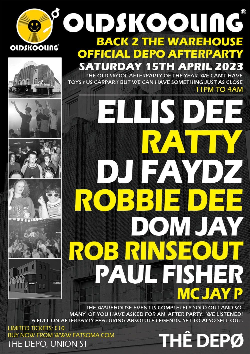 Oldskoolink afterparty flyer with DJs Ellis Dee, Ratty, DJ Faydz, Robbie Dee, Dom Jay, Rob Inselout, Paul Fisher, MC Jay