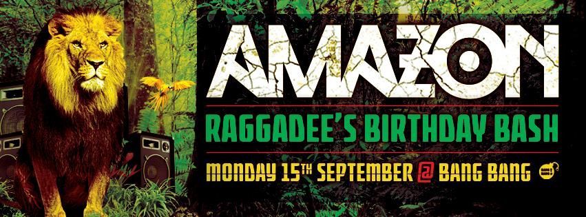Lion-themed poster reading “AMAZON” and “RAGADEE’S BIRTHDAY BASH” with yellow event details on a dark background