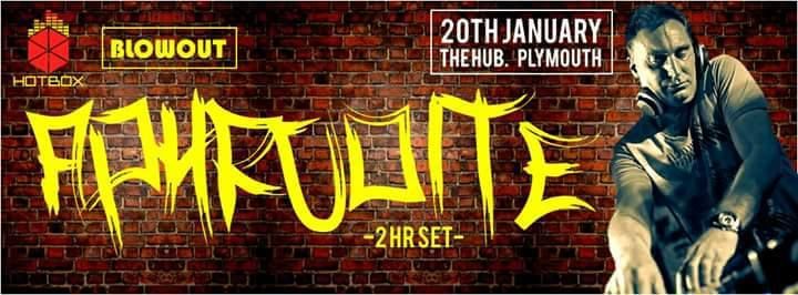 Graffiti-style event poster with yellow text, brick wall background, and a seated performer on the right