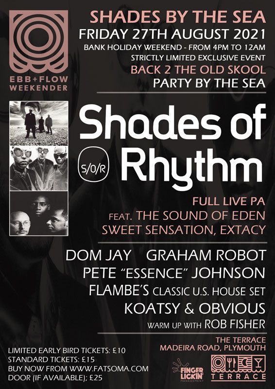 Shades of Rhythm event poster with black-and-red collage, lineup text, and July 2021 party details