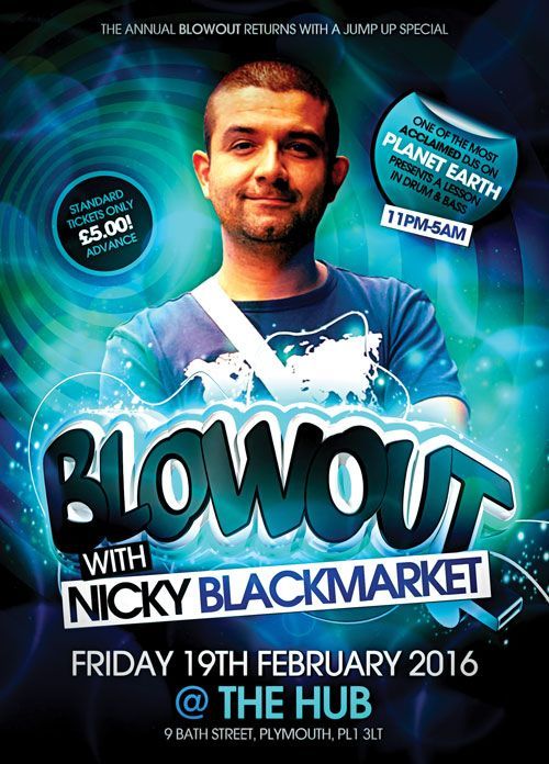 Poster for “Blowout with Nicky Blackmarket,” featuring a smiling man and event details on a blue background