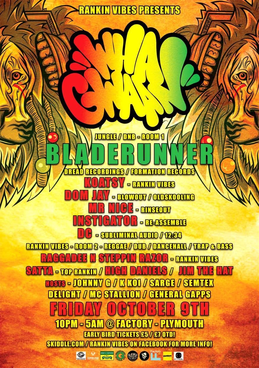 Colorful music event flyer for NKLA Jam at Bladerunner, Friday Oct 14, with reggae-style artwork.