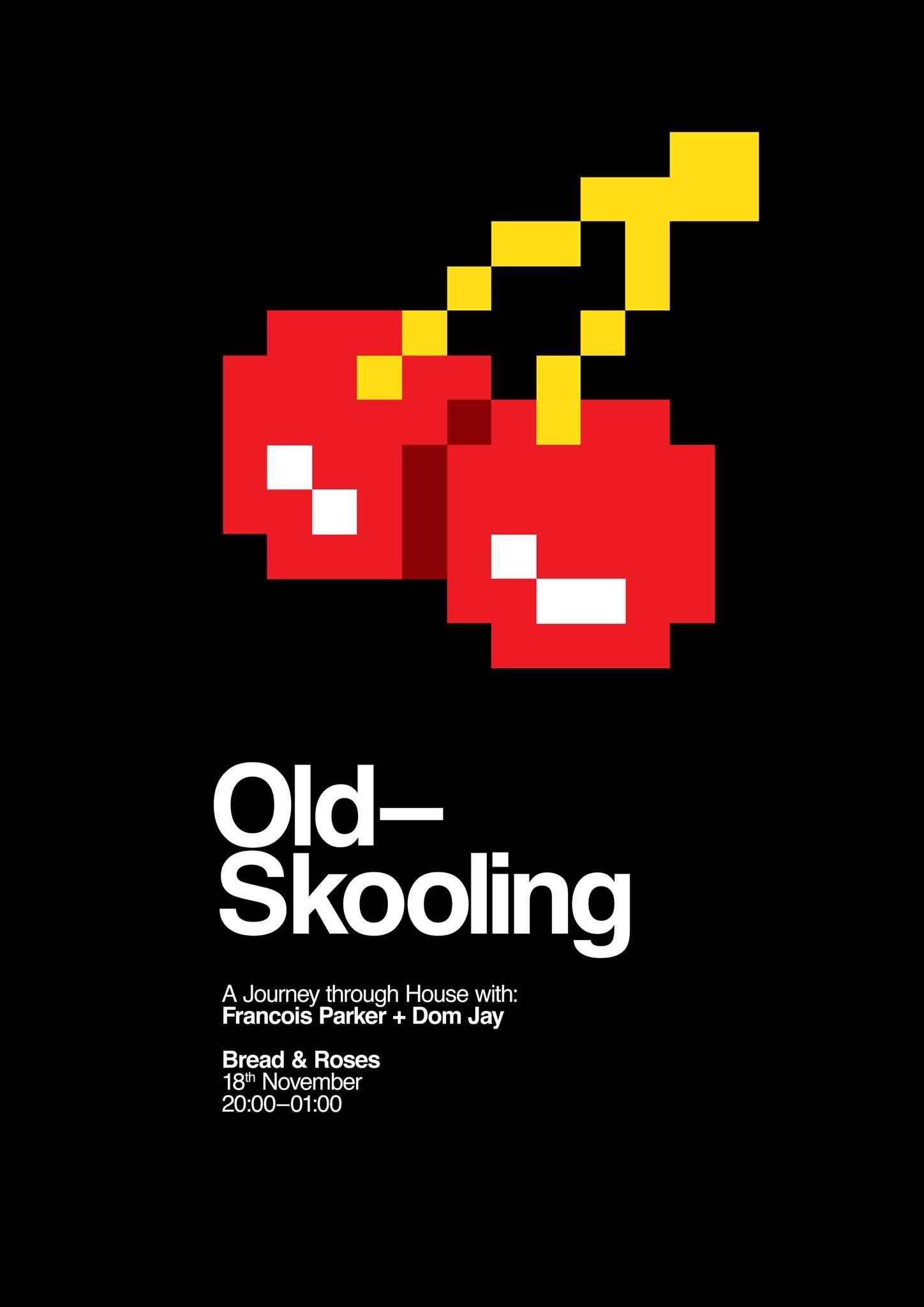 Red cherries with yellow stems on black background, above the words “Old-Skooling”