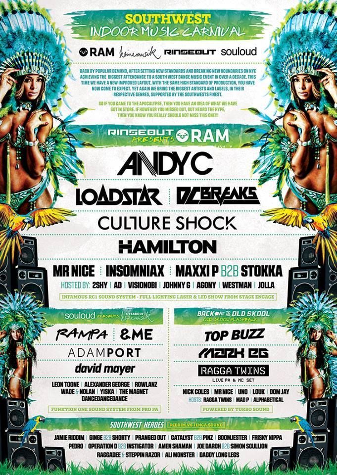 Festival poster for Southwest, Andy C, Loadstar, Culture Shock, Hamilton, and top buzz acts on a colorful teal-green background