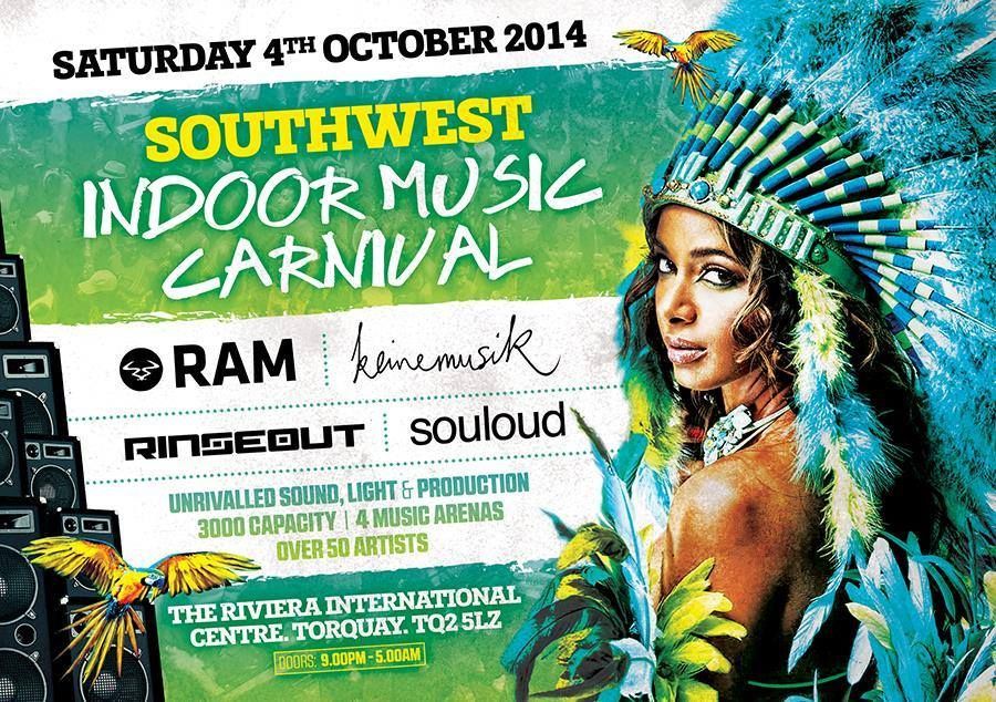 Southwest Indoor Music Carnival poster with colorful headdress portrait and event details on a white background