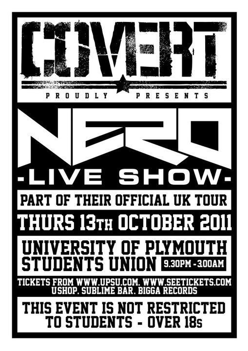 Black-and-white NERO Live Show poster for Thu 13 Oct 2011 at University of Plymouth Student Union.