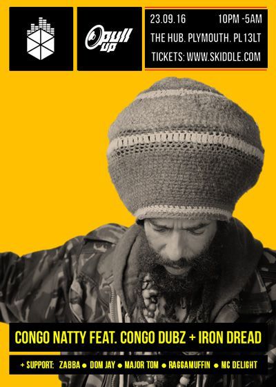 Concert poster with yellow background, man in knit cap, and event details for Congo Natty, Congo Dubz, and Iron Dread