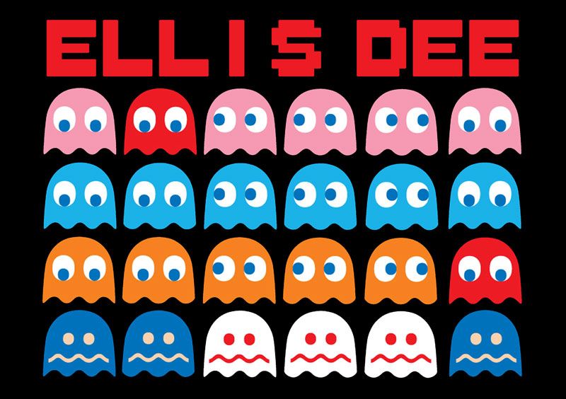 Elli’s Dee title above rows of colorful Pac-Man ghosts on black background