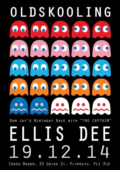 Oldskooling poster with rows of colorful Pac-Man-style ghosts and the text “Ellis Dee 19.12.14”