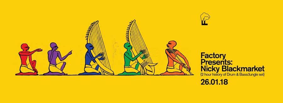 Two stylized figures pulling a gold and blue banner, with event text at right on a yellow background.