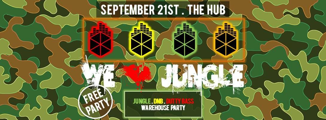 Event poster with camo background, four colored emblems, and text “September 21st, The Hub” and “Jungle”