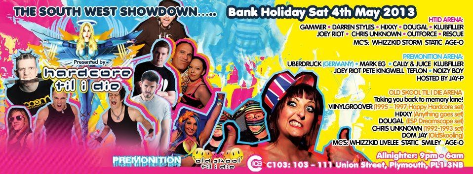 Bright neon event flyer for “The South West Showdown” bank holiday weekend, with multiple performers and bold text.