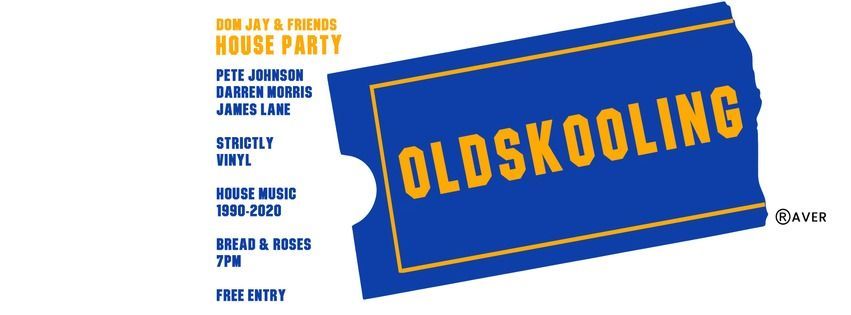 Blue and gold poster reading “OLDSKOOLING” with event details on the left.