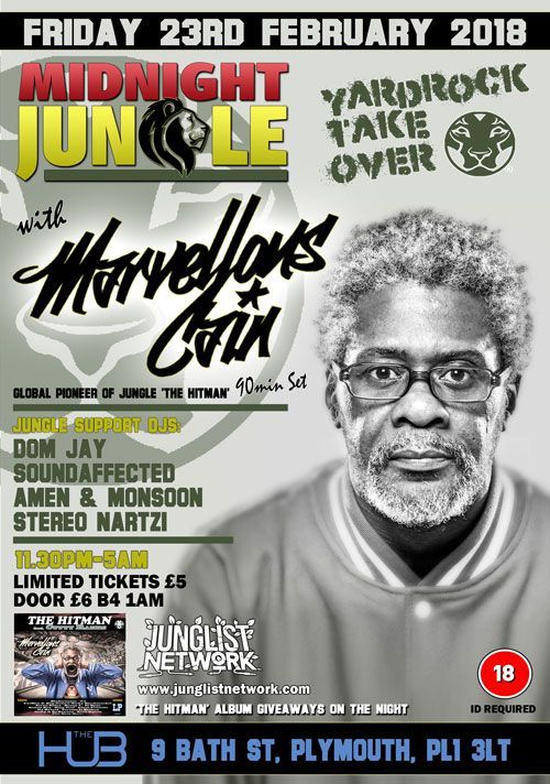 Concert flyer for Midnight Jungle with live acts, portrait art, and event details on a black-and-green background