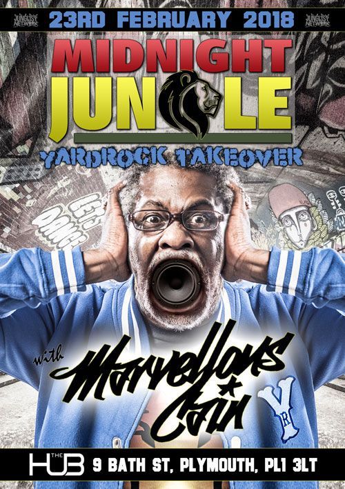 Poster for Midnight Jungle, 23rd February 2018, with a shocked man's face and event details in bold colors.