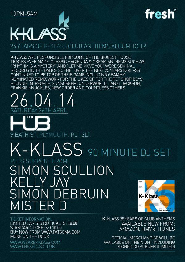 Blue flyer for K-Klass's 25 Years of Experience Ibiza club tour, dated 26.04.14, with DJ lineup and Fresh logo