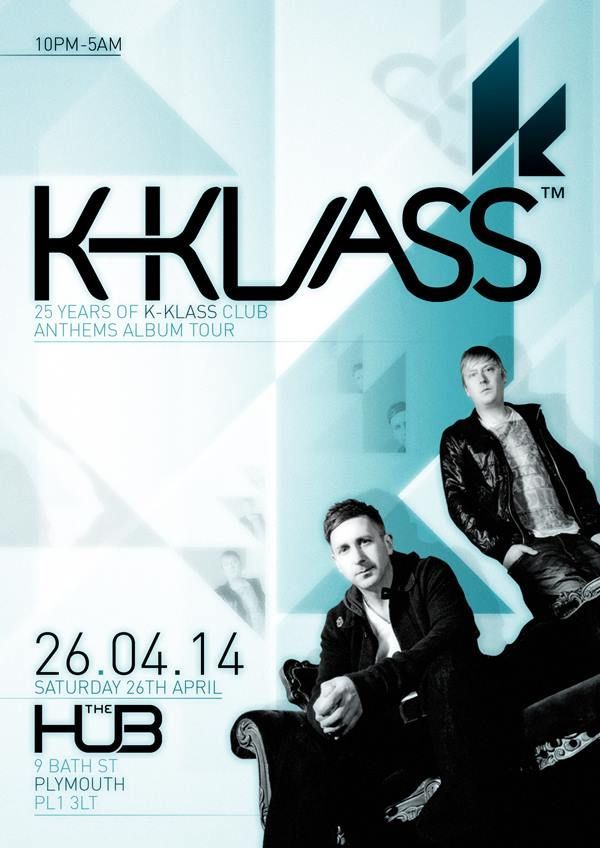 K‑KLASS concert poster with two seated performers, teal geometric background, and date 26.04.14