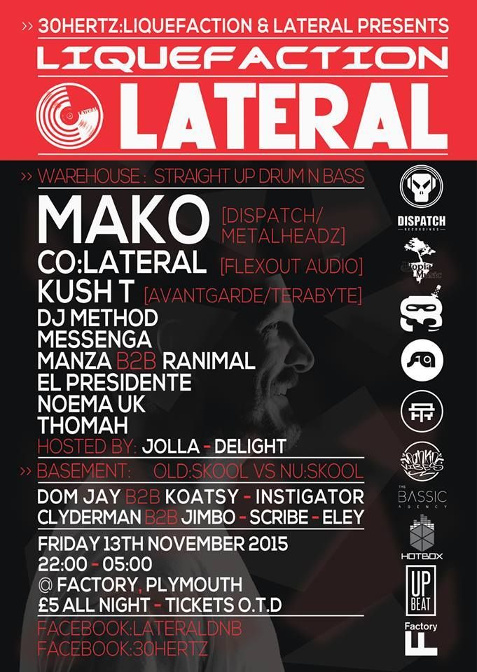 Red and black LIQUEFACTION + LATERAL event poster listing DJs, date, and venue details