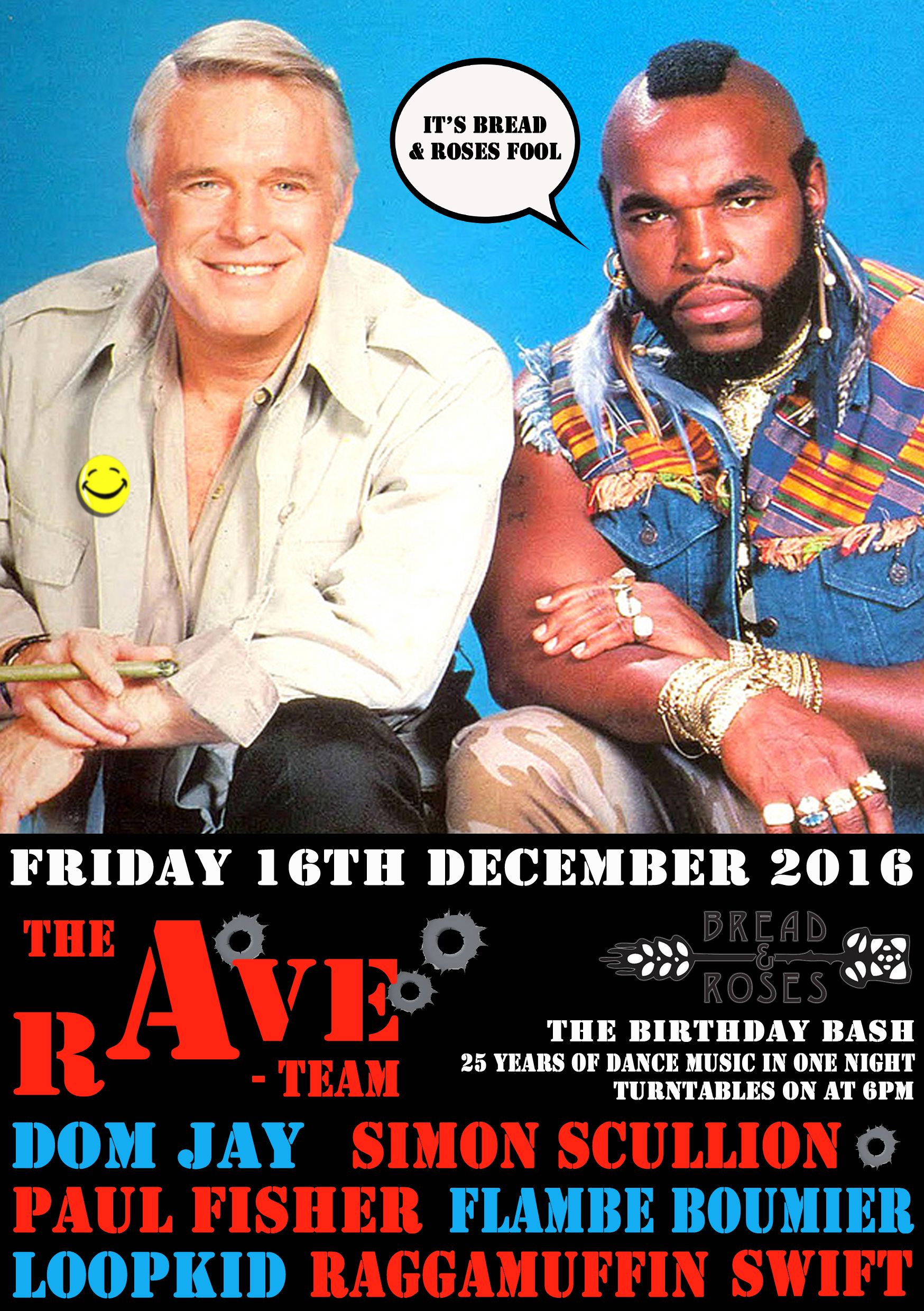 Promotional poster with two men seated above bold red event text and date, against a blue background.