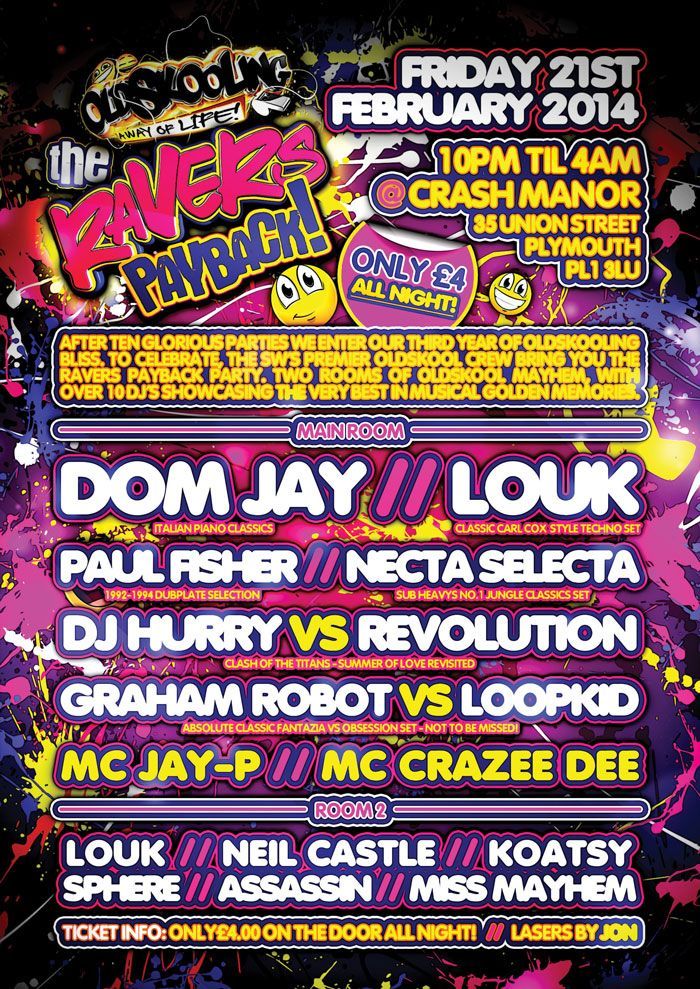Colorful dance party flyer with DJ lineup, Friday 21st February 2014, and event details on a purple background