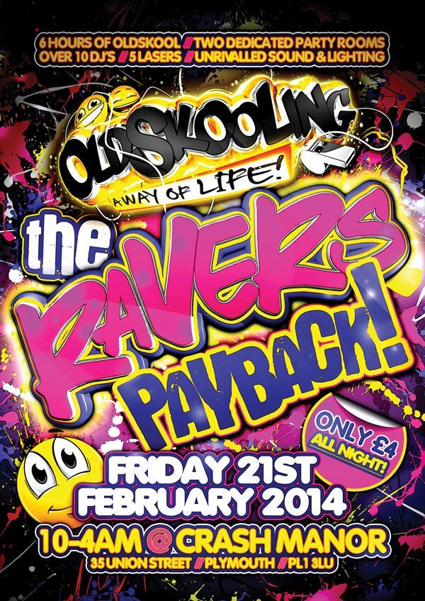 Rave party poster with neon graffiti text, yellow smiley face, and event details on a black background