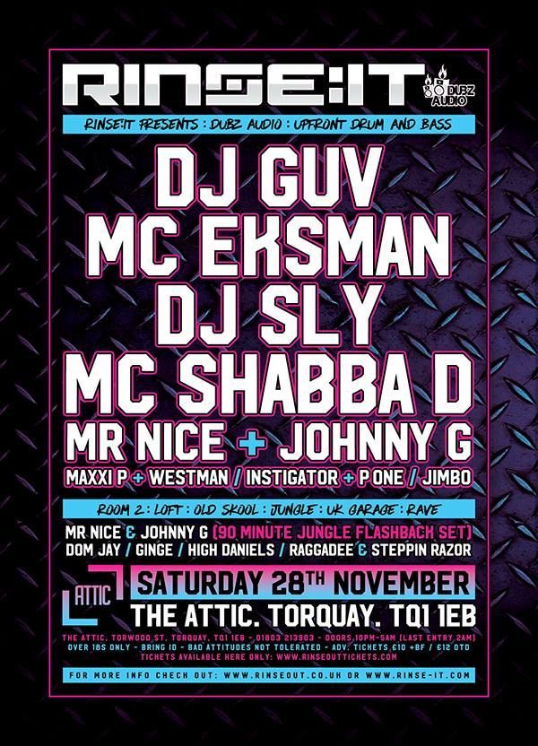 Event poster for a DJ night featuring DJ Guy McEskiman, DJ Sly, MC Shabba D, and others at The Attic, Torquay, 29 Nov.