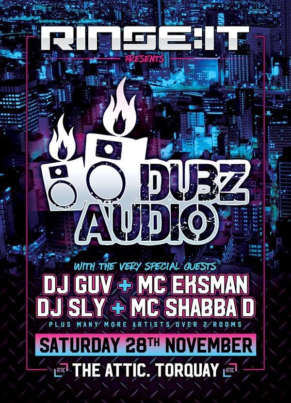 Dubz Audio DJ event poster with neon city skyline, flame speaker logo, and Saturday 28th November at The Attic, Torquay