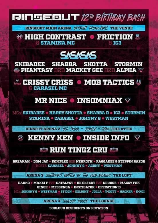 Ringed Out 22” bikrov bash event poster in neon pink, blue, black, listing DJs and crews with dates and lineup