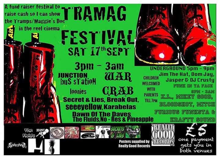 Green and red Tramag Festival poster with band names, date, time, and sponsor logos
