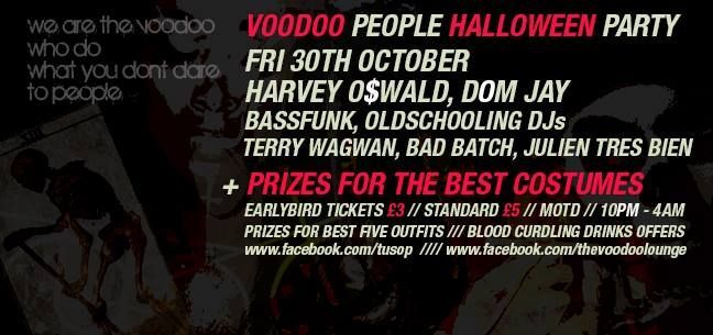 VOODOO People Halloween Party poster with date, DJs, tickets, and costume contest details