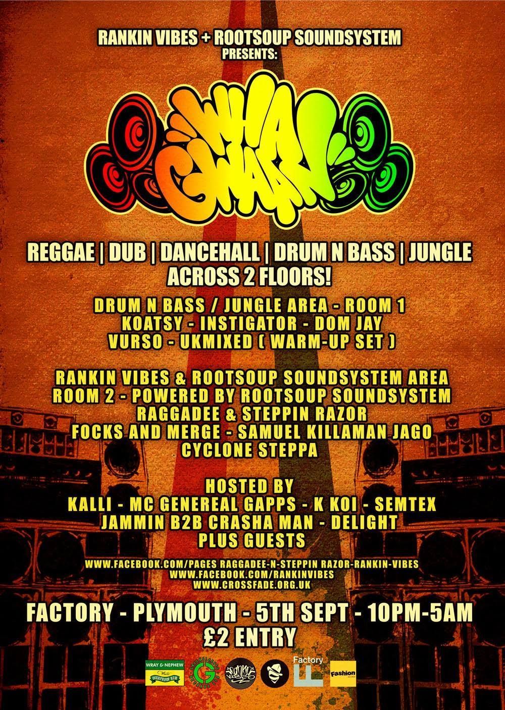 Colorful reggae, dub, drum & bass, and jungle rave flyer with event lineup and Factory, Plymouth venue details