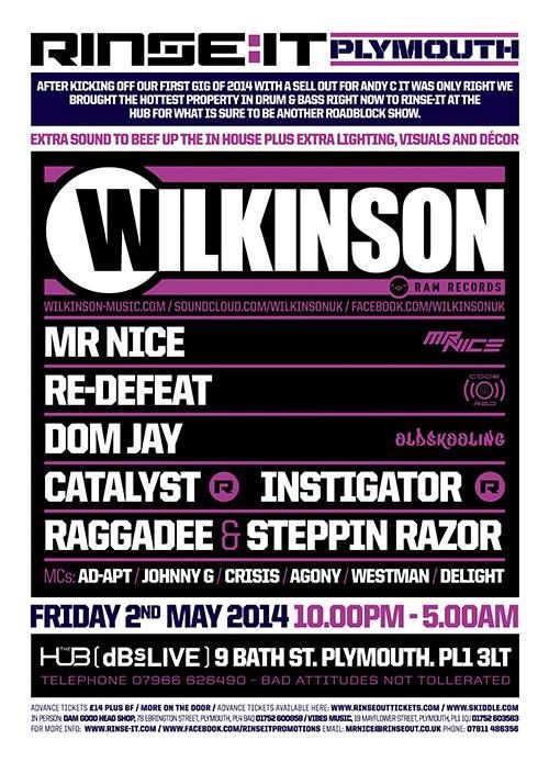 Promotional flyer for a Ring e.IT Plymouth music event featuring Wilkinson, with lineup and date details.