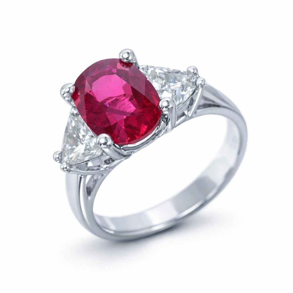 Anello in argento con una grande gemma ovale rossa e piccole pietre trasparenti sui lati.