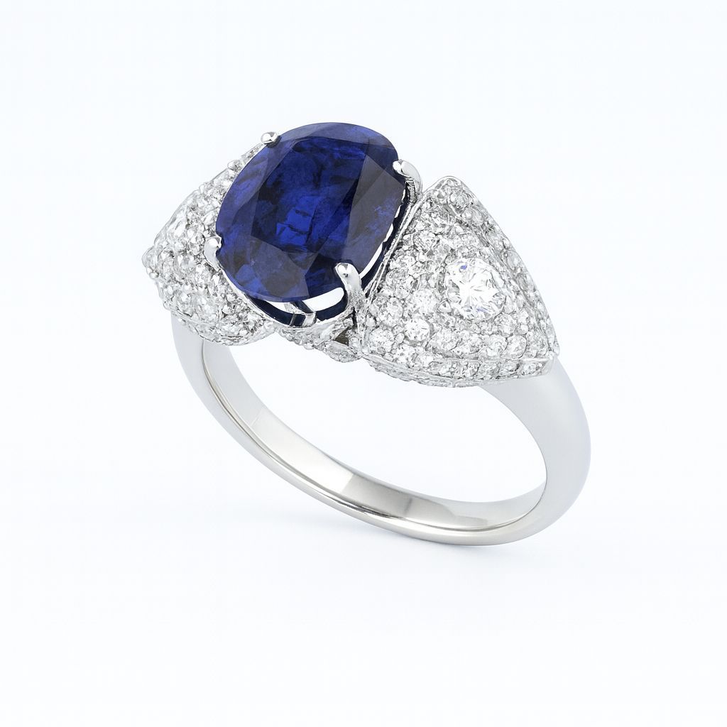 Anello in argento con una grande pietra preziosa blu e diamanti pavé sulla fascia