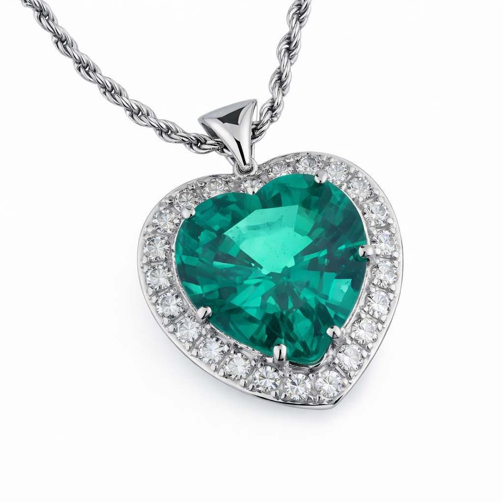 Ciondolo a forma di cuore con gemma color verde acqua e contorno di diamanti, su catena d'argento.
