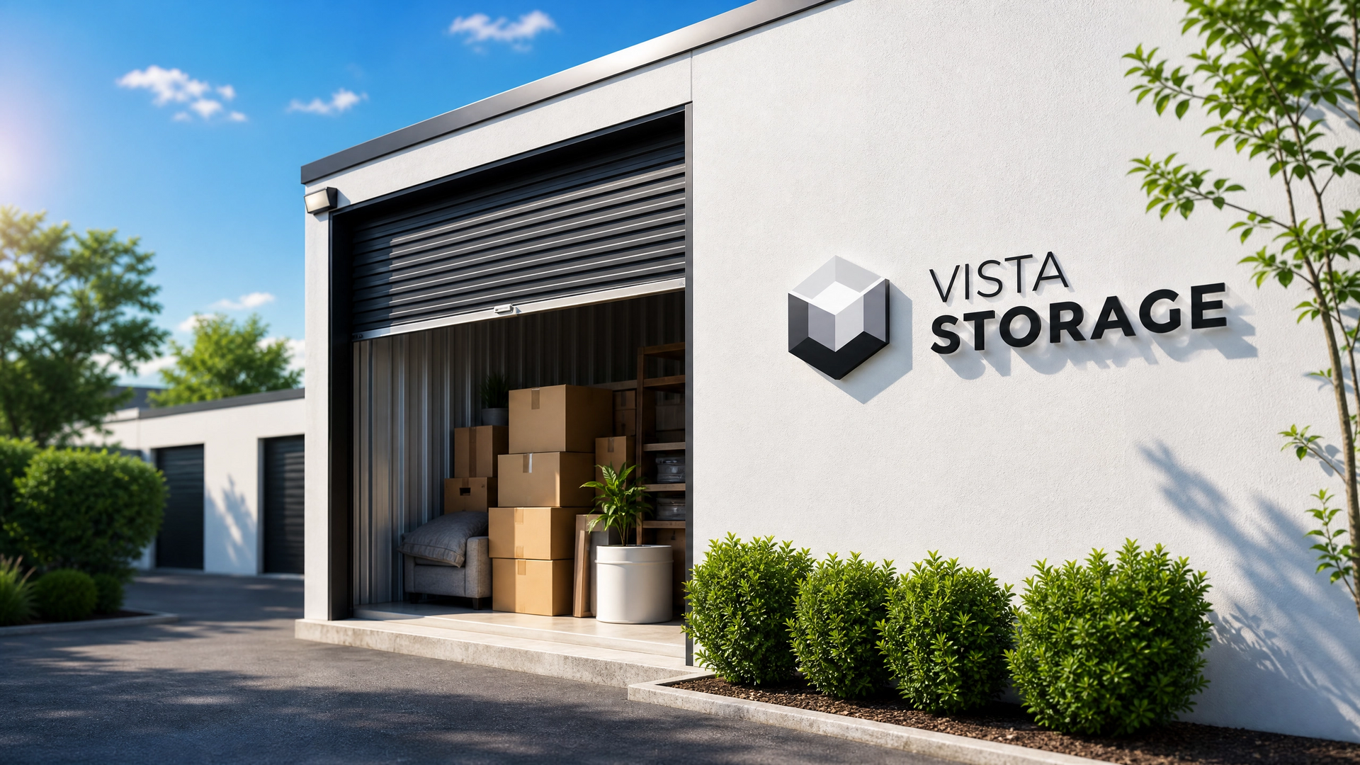 Vista Storage facility in Walker, MI with black unit doors and signage
