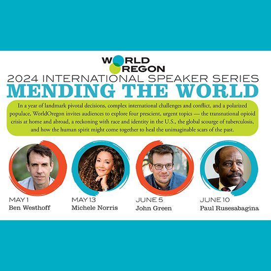 A poster for the 2024 international speaker series mending the world
